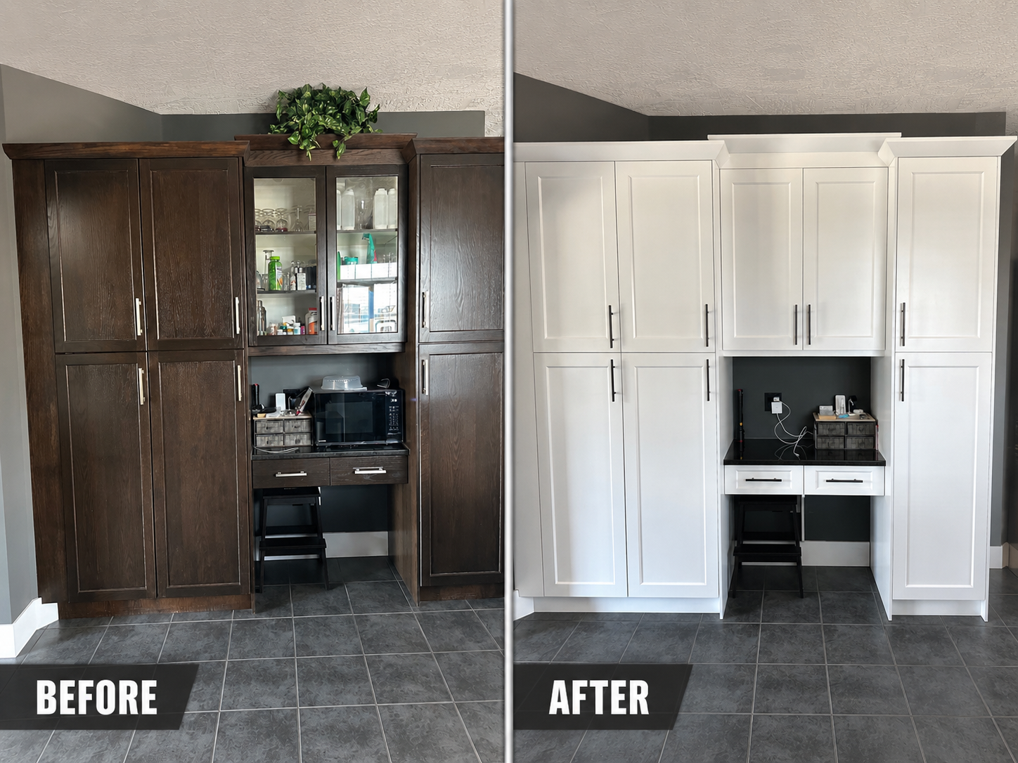 Before and after cabinet refacing from dark doors to white doors